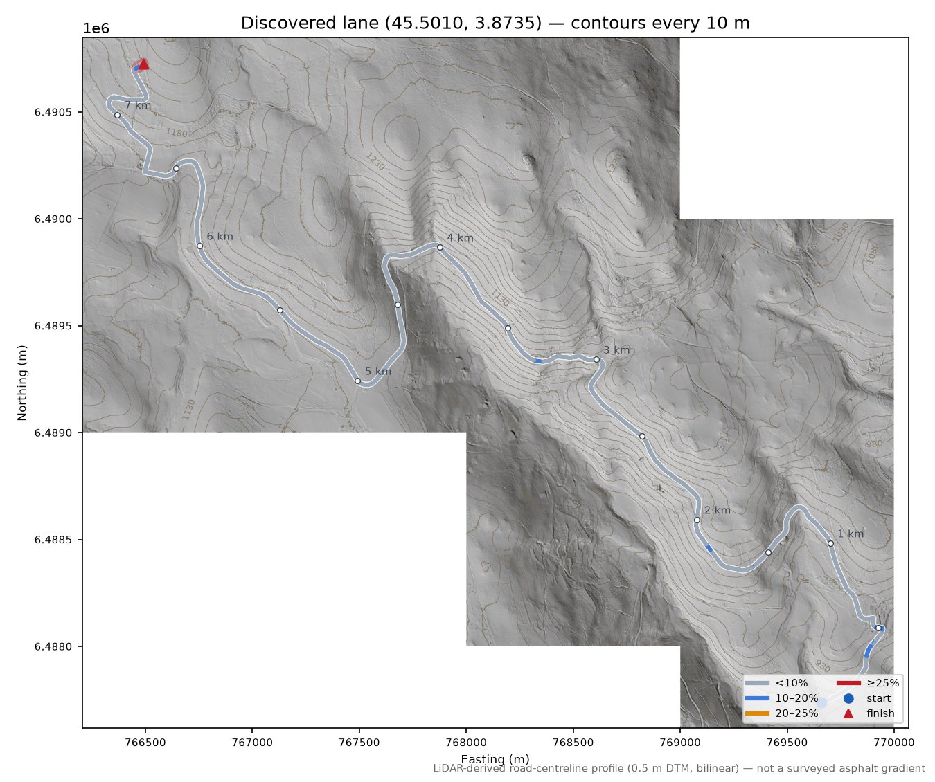 Discovered lane (45.5010, 3.8735) LiDAR hillshade map with contours