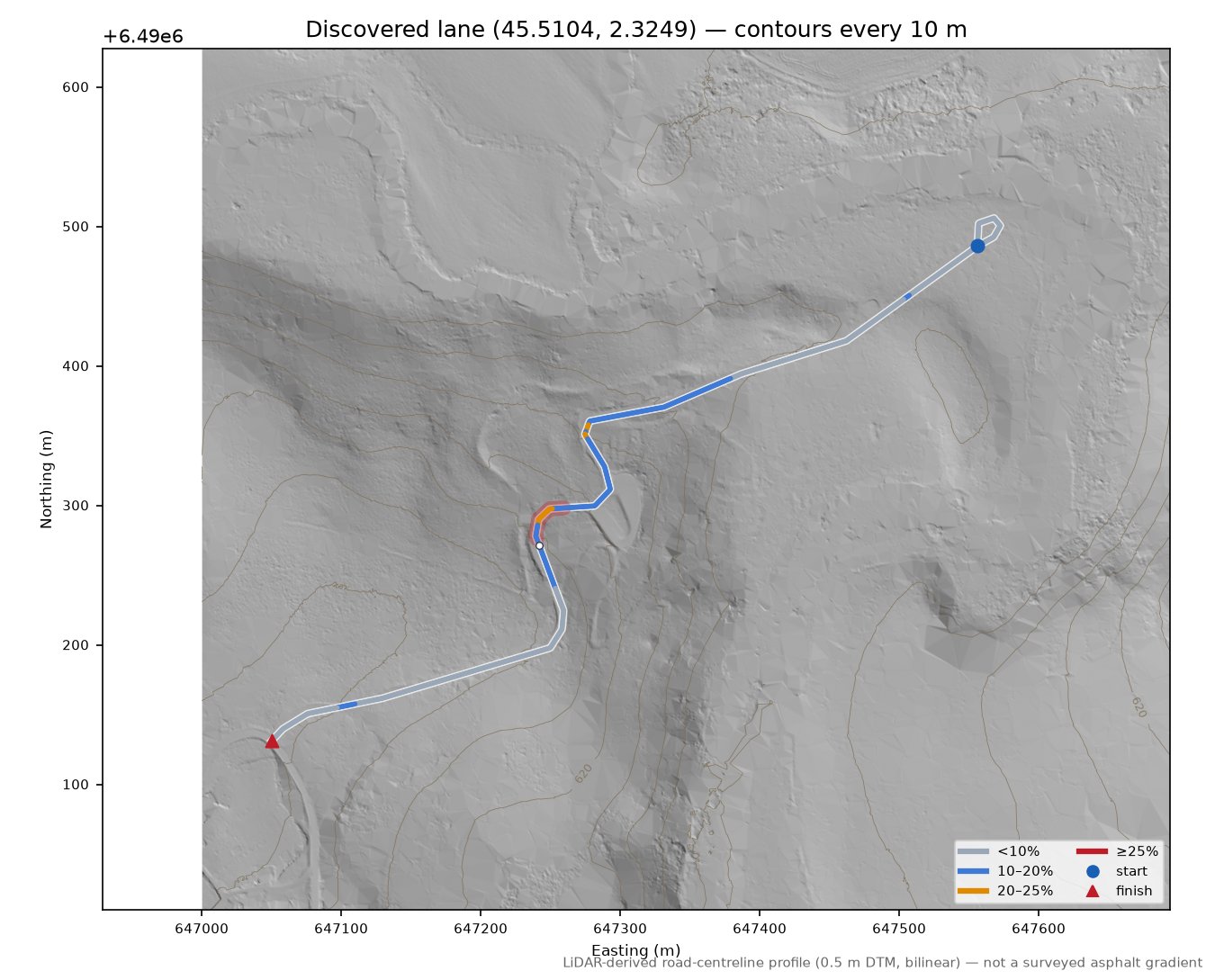 Discovered lane (45.5104, 2.3249) LiDAR hillshade map with contours