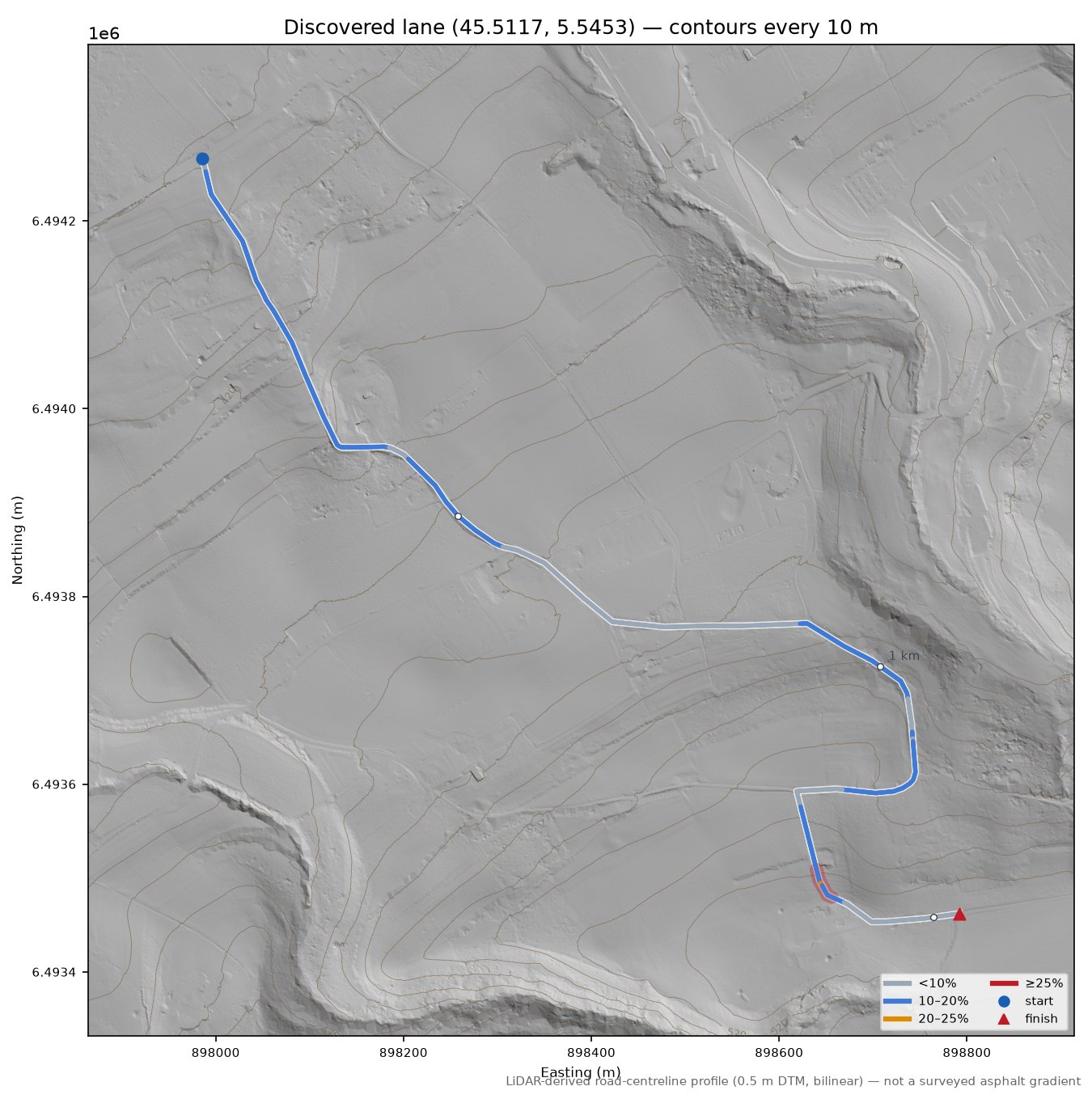 Discovered lane (45.5117, 5.5453) LiDAR hillshade map with contours