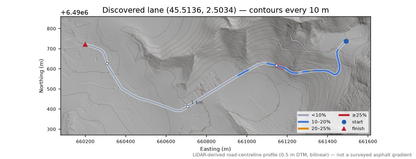 Discovered lane (45.5136, 2.5034) LiDAR hillshade map with contours