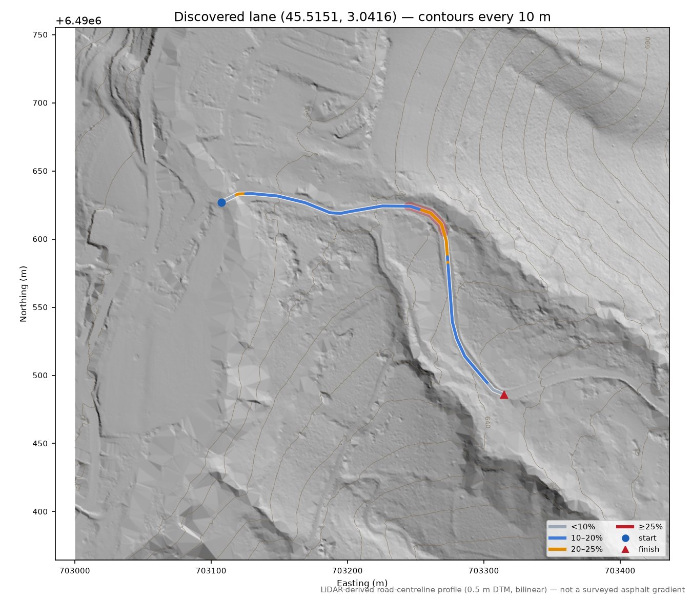Discovered lane (45.5151, 3.0416) LiDAR hillshade map with contours
