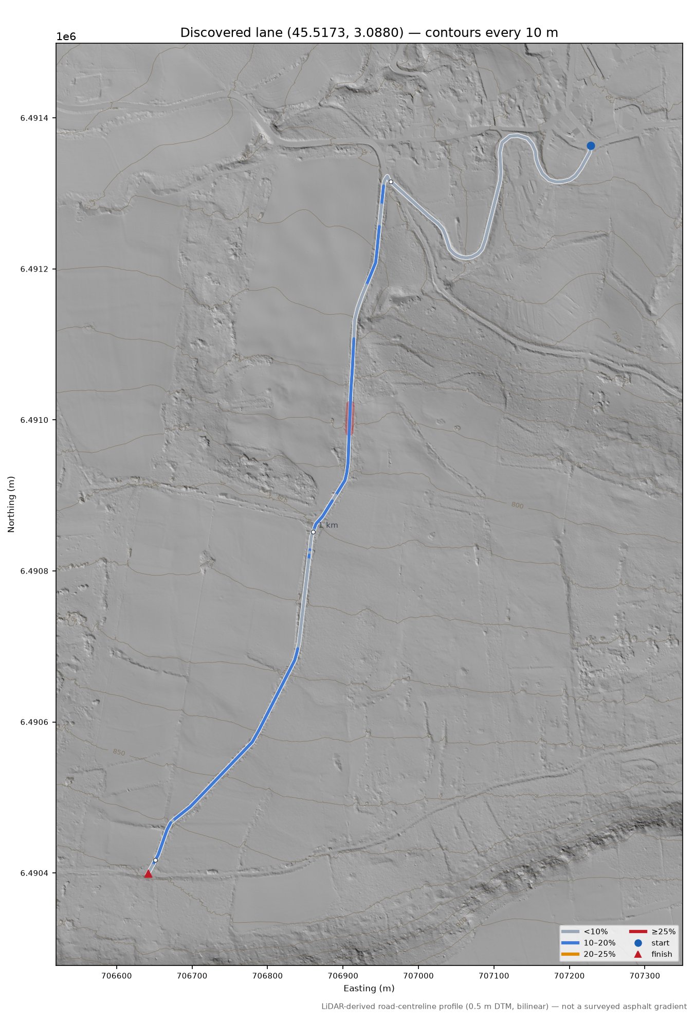 Discovered lane (45.5173, 3.0880) LiDAR hillshade map with contours