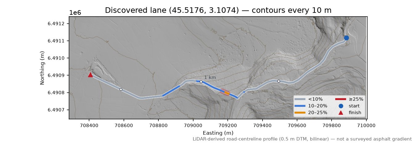 Discovered lane (45.5176, 3.1074) LiDAR hillshade map with contours