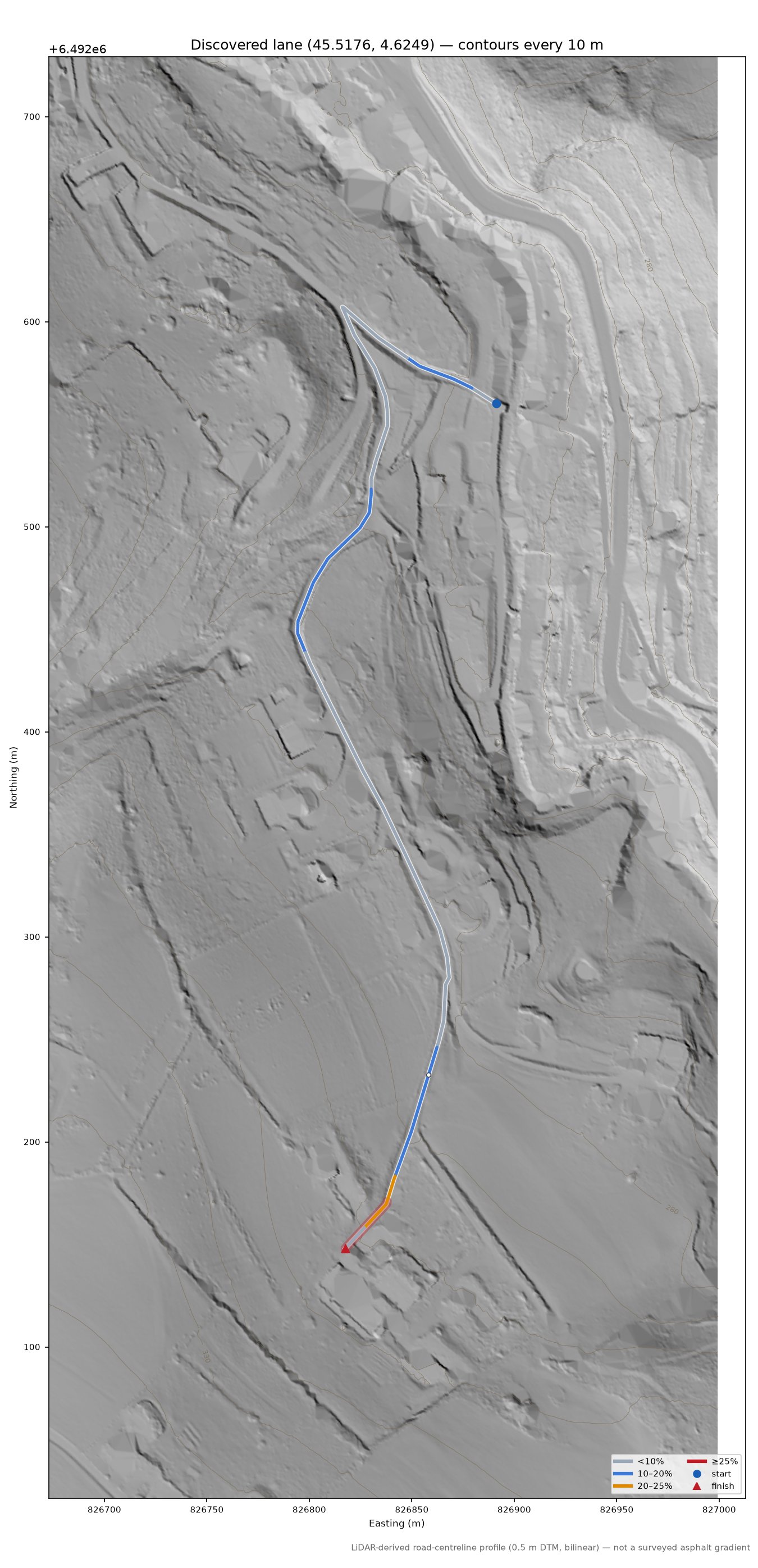 Discovered lane (45.5176, 4.6249) LiDAR hillshade map with contours