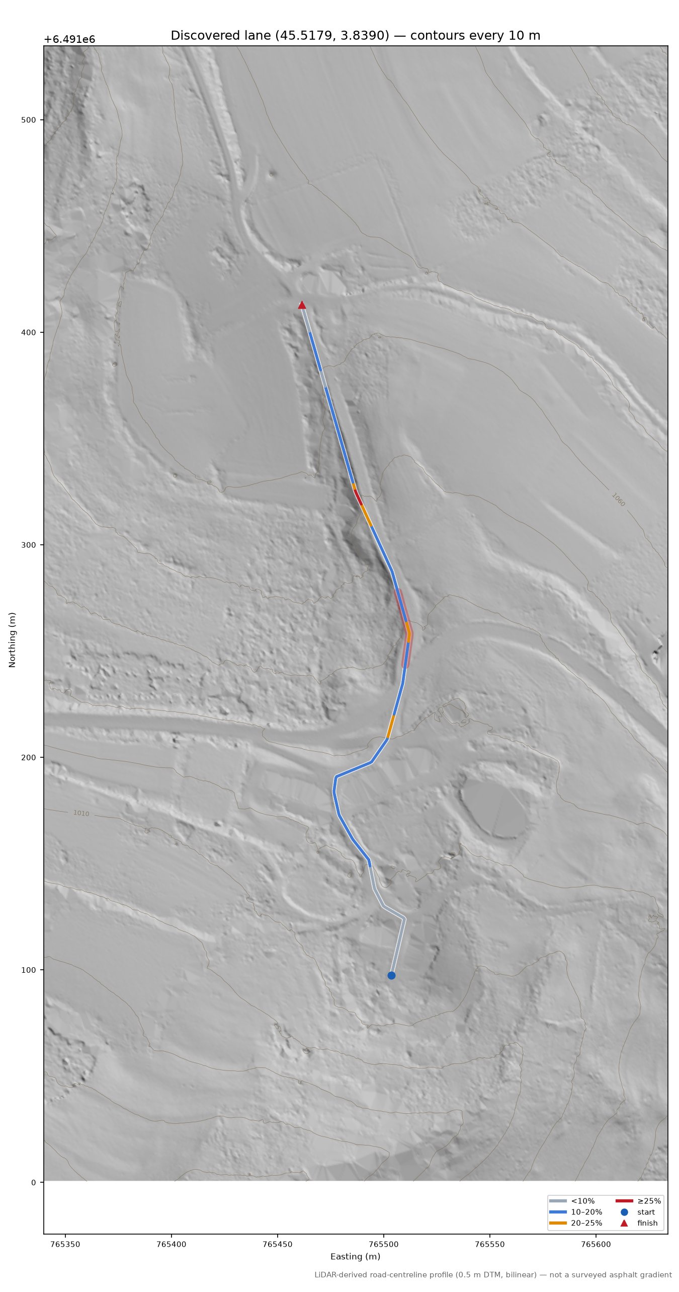 Discovered lane (45.5179, 3.8390) LiDAR hillshade map with contours