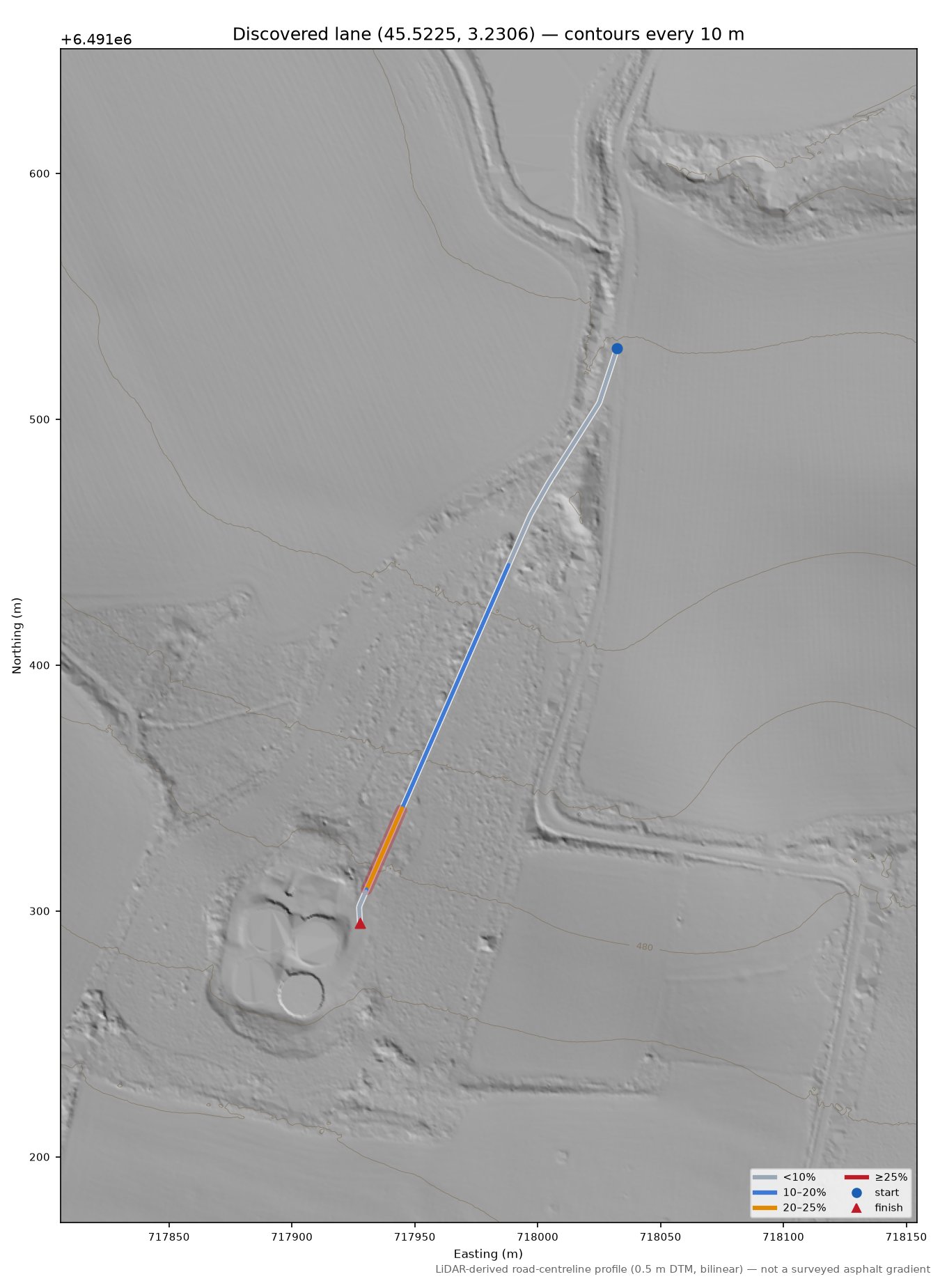 Discovered lane (45.5225, 3.2306) LiDAR hillshade map with contours