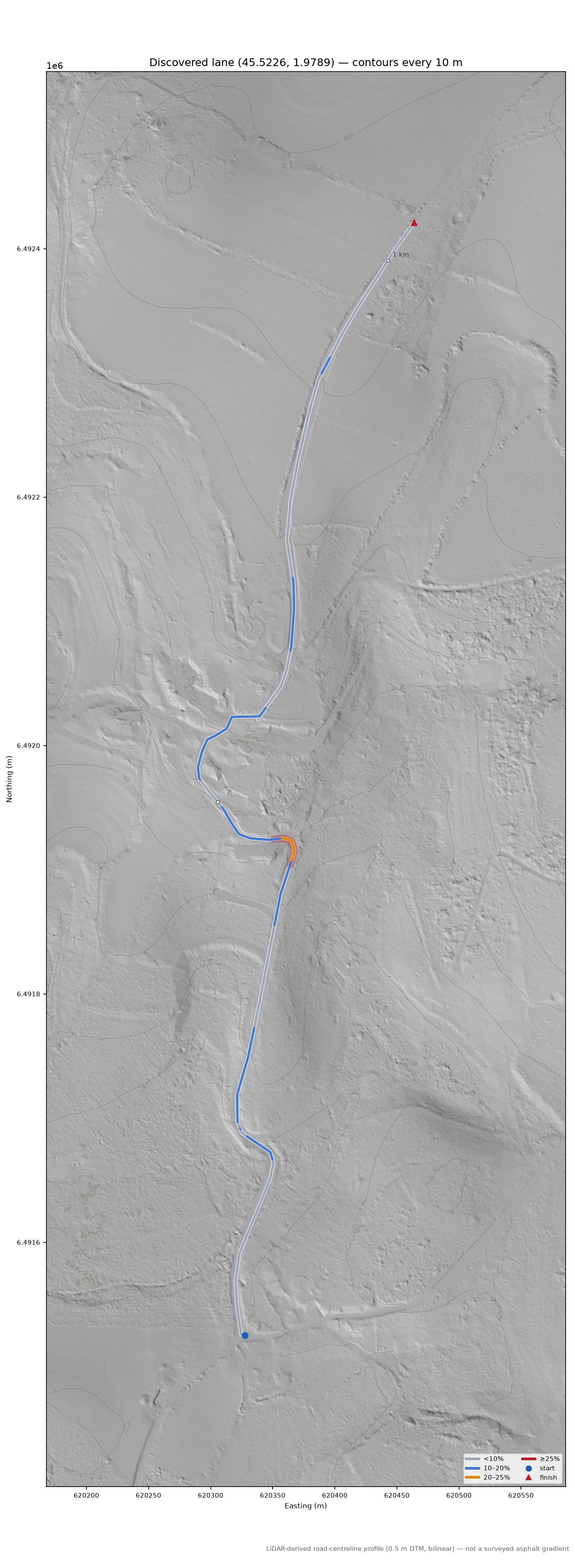 Discovered lane (45.5226, 1.9789) LiDAR hillshade map with contours