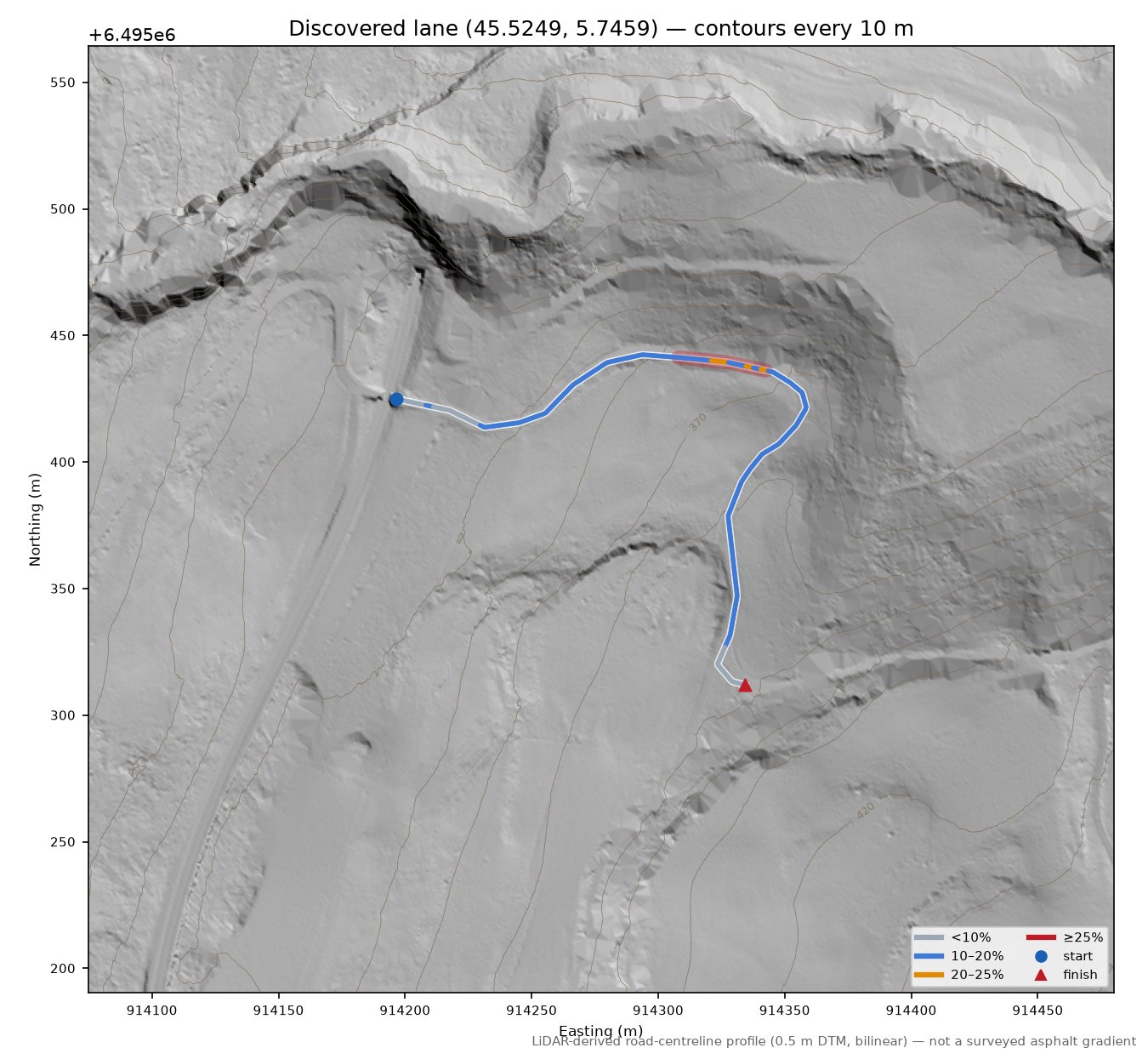 Discovered lane (45.5249, 5.7459) LiDAR hillshade map with contours