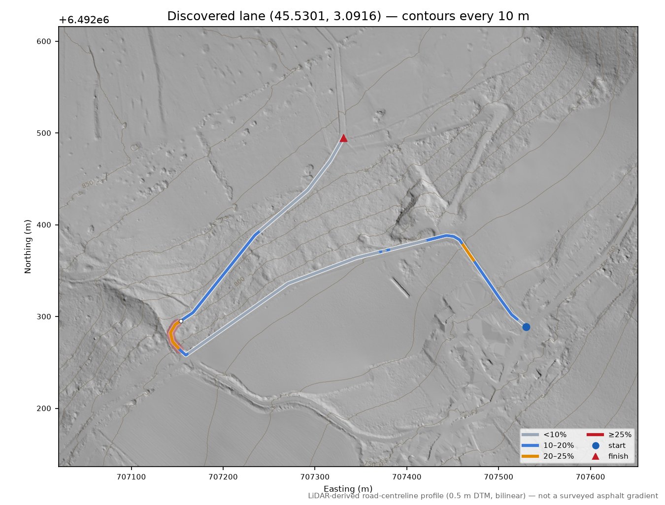 Discovered lane (45.5301, 3.0916) LiDAR hillshade map with contours