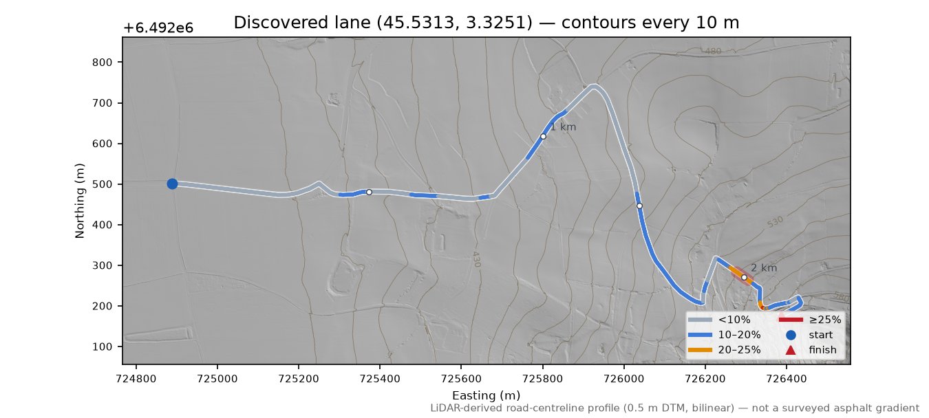 Discovered lane (45.5313, 3.3251) LiDAR hillshade map with contours