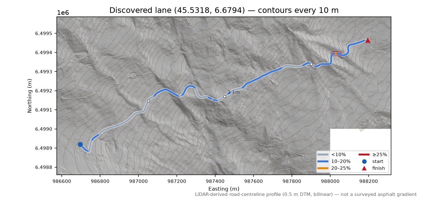 Discovered lane (45.5318, 6.6794) LiDAR hillshade map with contours