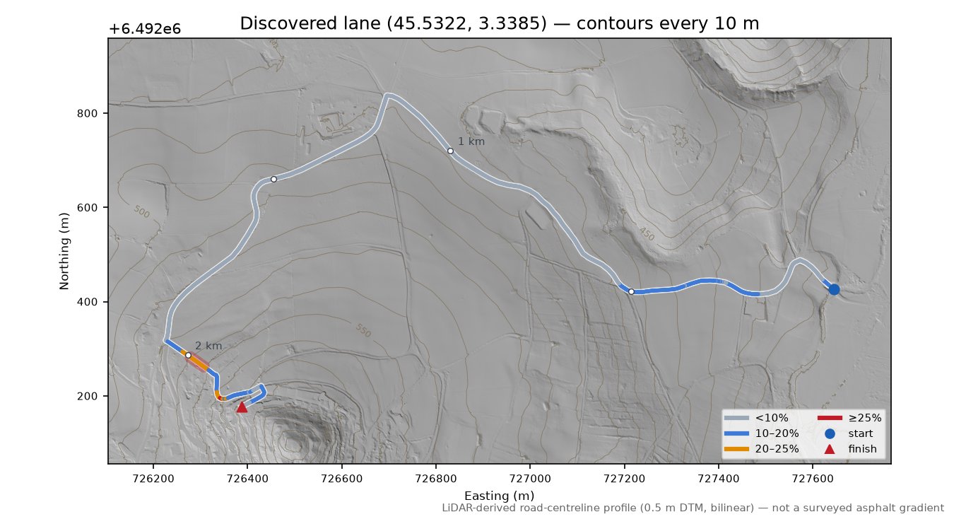 Discovered lane (45.5322, 3.3385) LiDAR hillshade map with contours