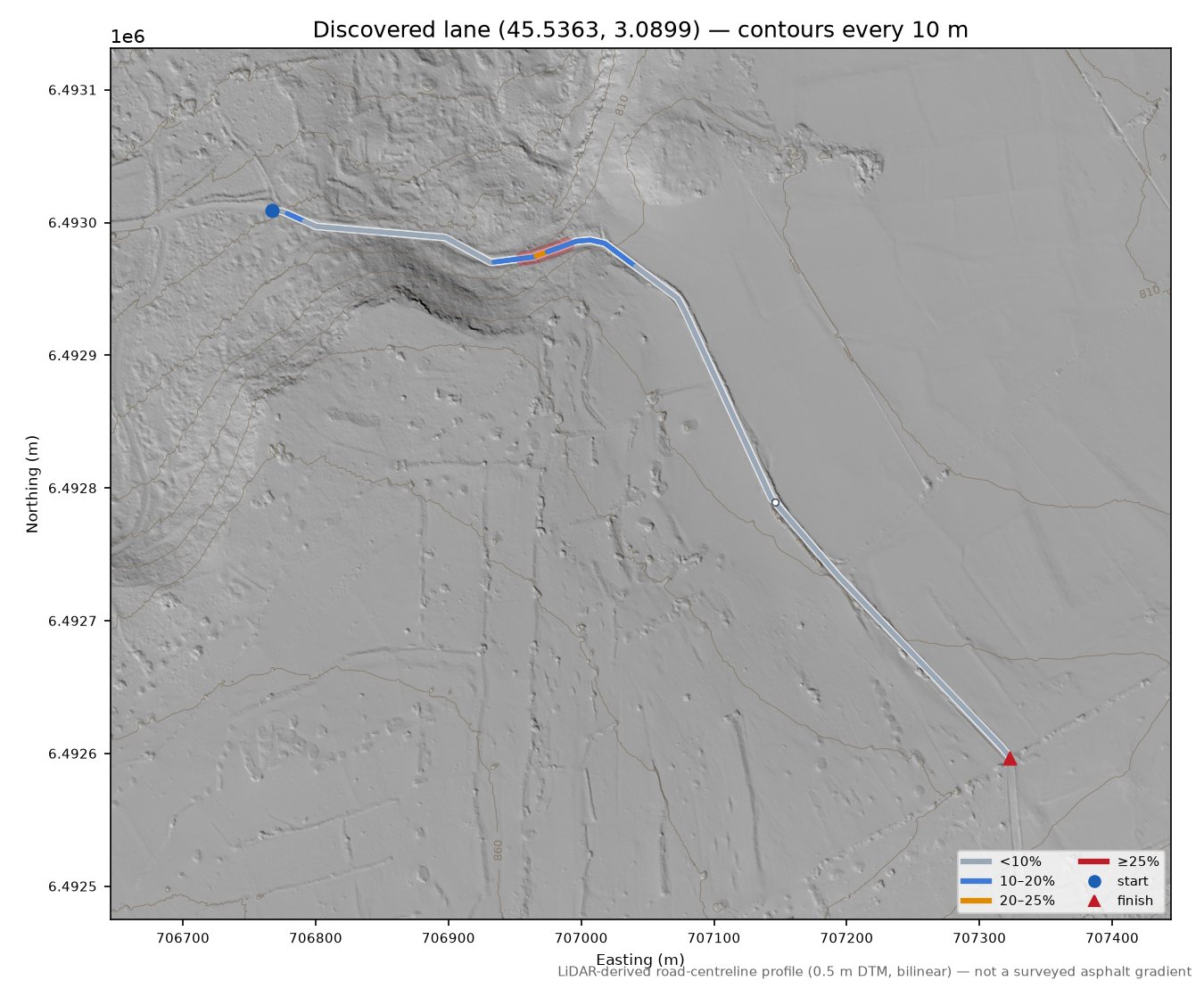 Discovered lane (45.5363, 3.0899) LiDAR hillshade map with contours