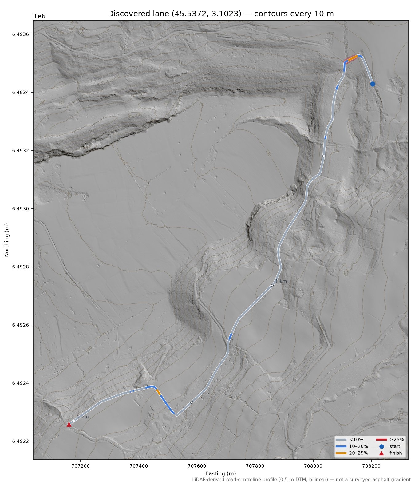 Discovered lane (45.5372, 3.1023) LiDAR hillshade map with contours