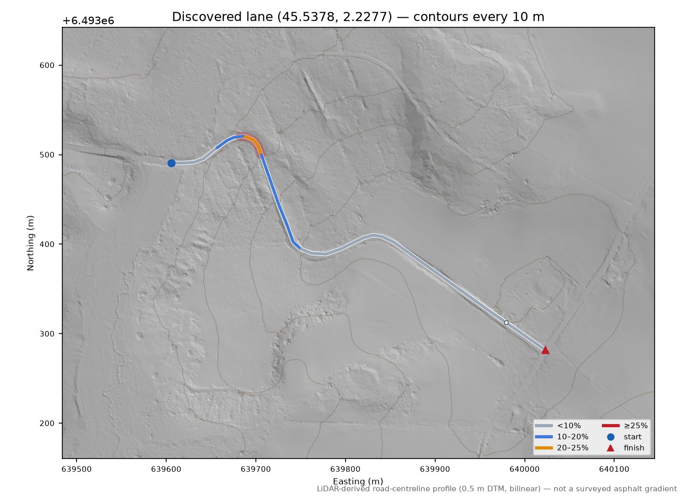 Discovered lane (45.5378, 2.2277) LiDAR hillshade map with contours