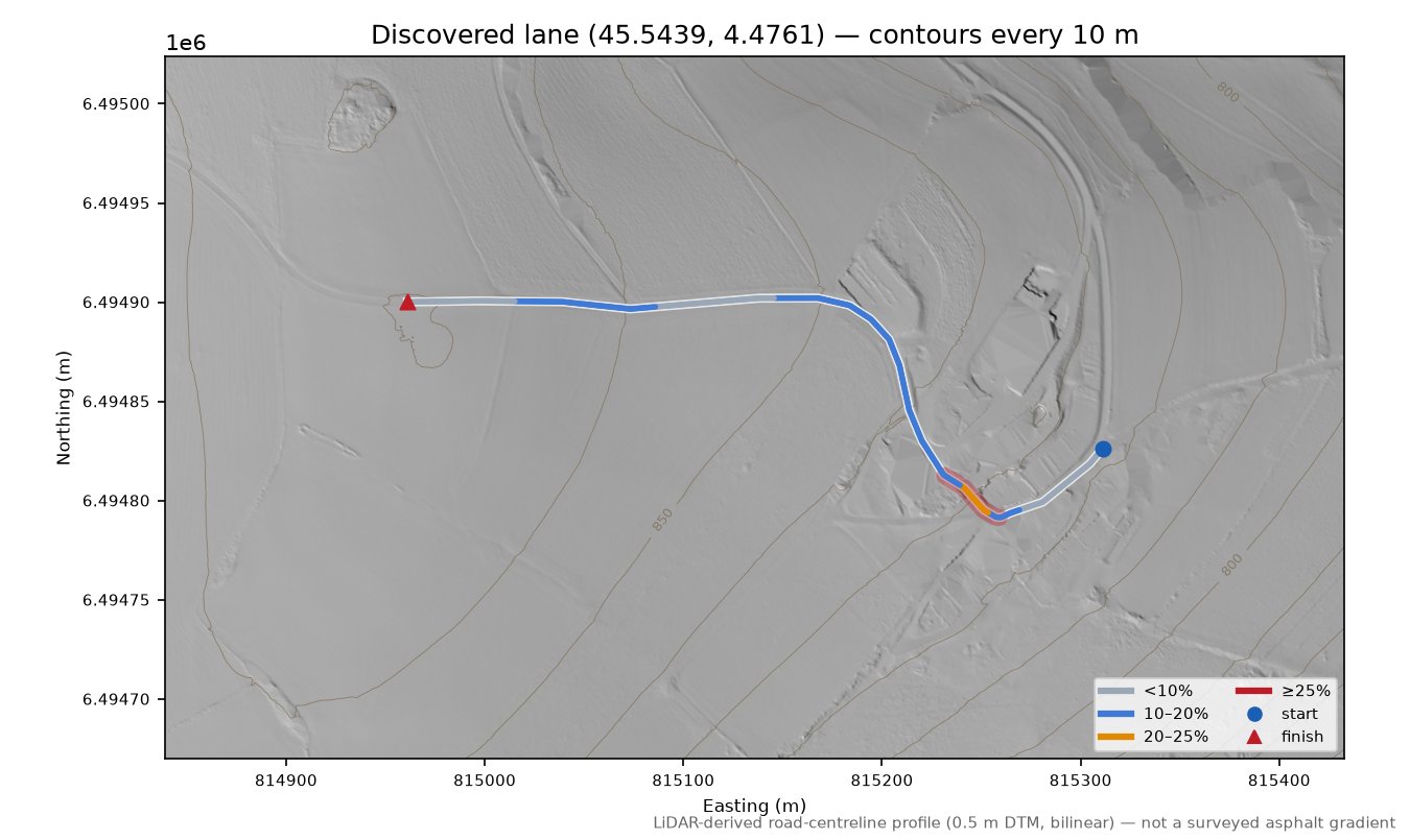 Discovered lane (45.5439, 4.4761) LiDAR hillshade map with contours