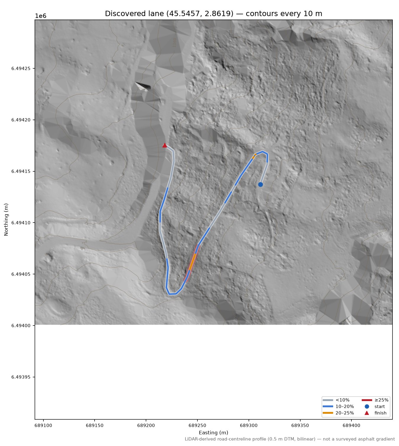 Discovered lane (45.5457, 2.8619) LiDAR hillshade map with contours