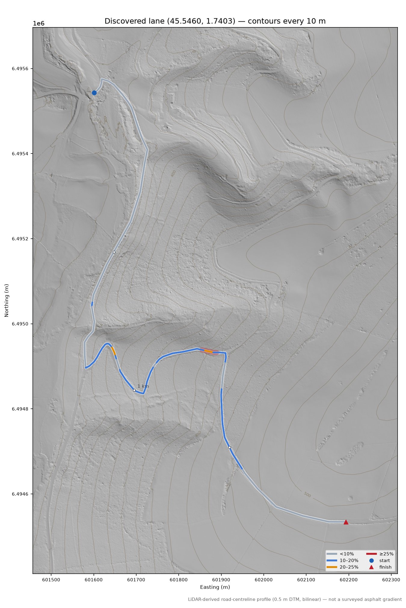 Discovered lane (45.5460, 1.7403) LiDAR hillshade map with contours