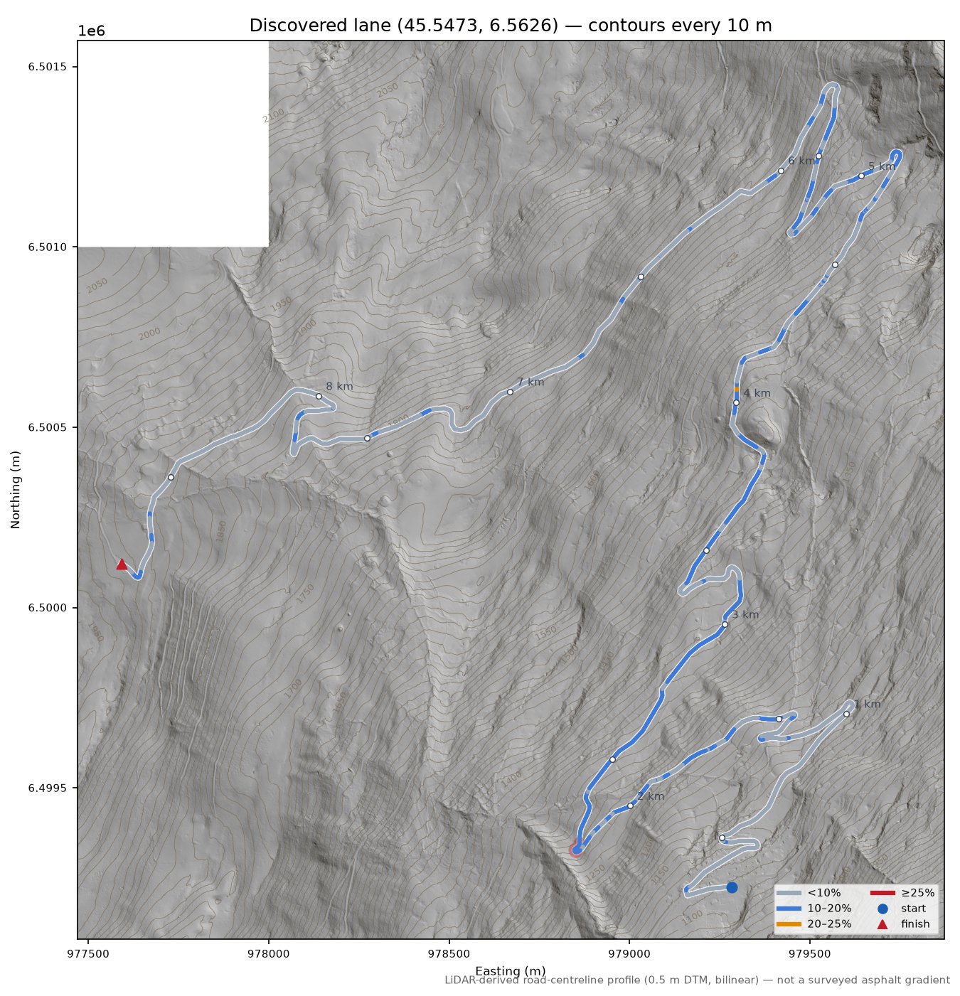 Discovered lane (45.5473, 6.5626) LiDAR hillshade map with contours