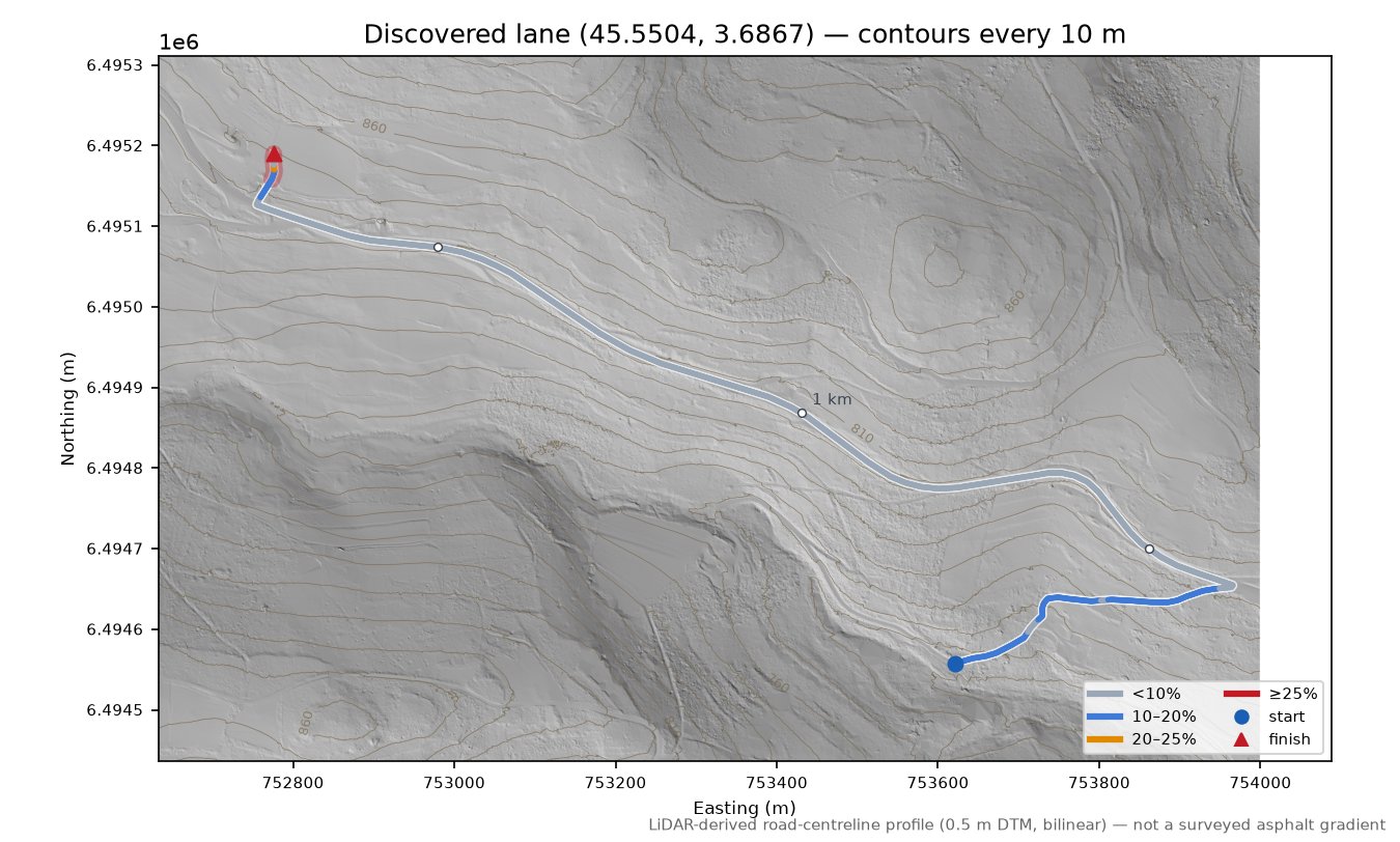 Discovered lane (45.5504, 3.6867) LiDAR hillshade map with contours