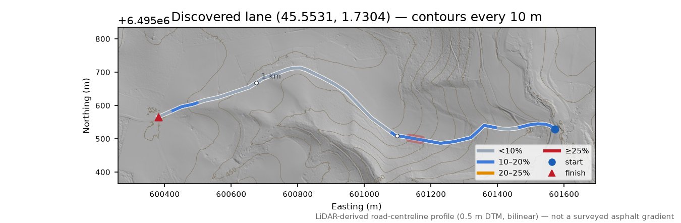 Discovered lane (45.5531, 1.7304) LiDAR hillshade map with contours