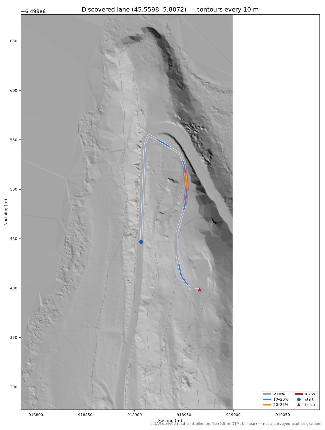 Discovered lane (45.5598, 5.8072) LiDAR hillshade map with contours