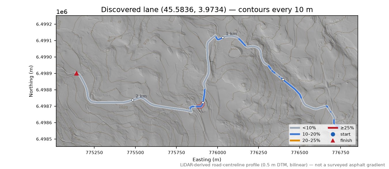 Discovered lane (45.5836, 3.9734) LiDAR hillshade map with contours