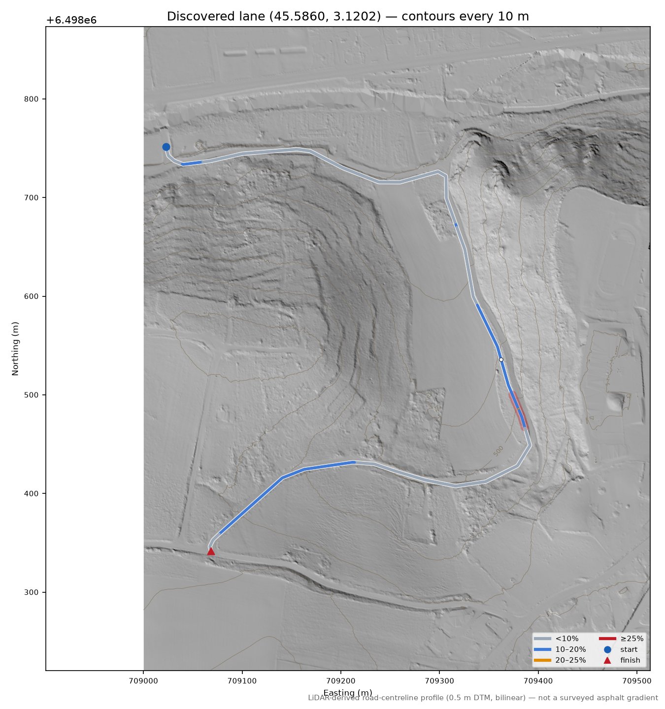 Discovered lane (45.5860, 3.1202) LiDAR hillshade map with contours