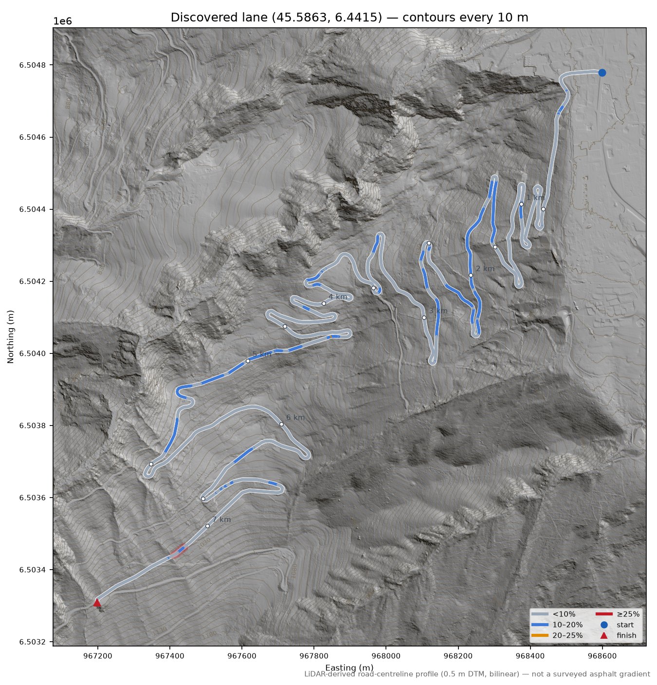 Discovered lane (45.5863, 6.4415) LiDAR hillshade map with contours