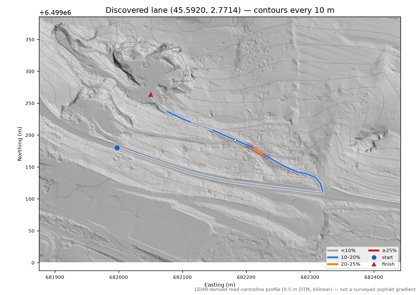 Discovered lane (45.5920, 2.7714) LiDAR hillshade map with contours