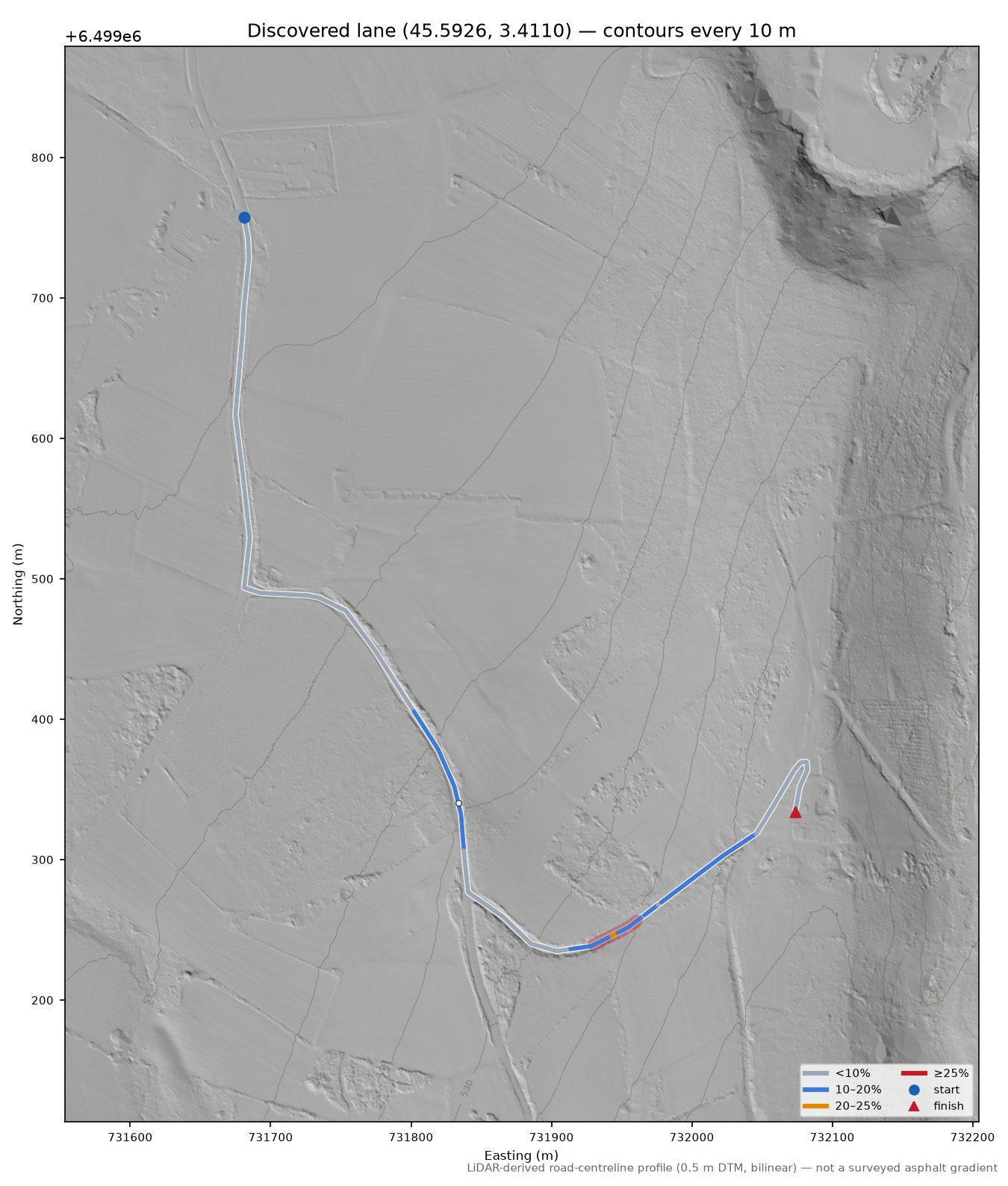 Discovered lane (45.5926, 3.4110) LiDAR hillshade map with contours