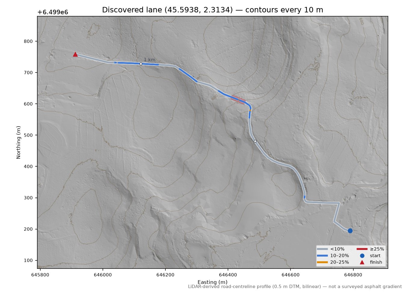 Discovered lane (45.5938, 2.3134) LiDAR hillshade map with contours