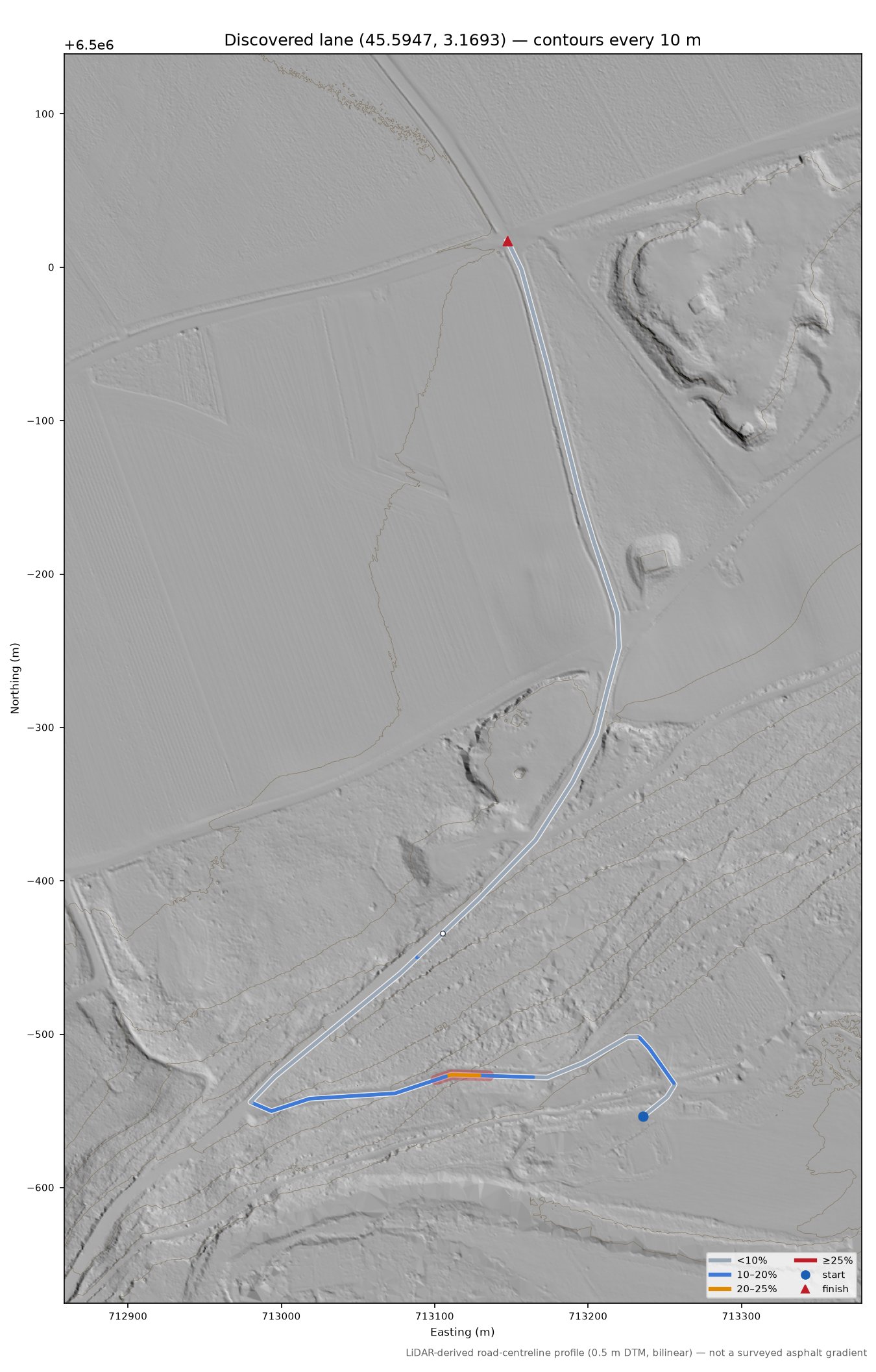 Discovered lane (45.5947, 3.1693) LiDAR hillshade map with contours