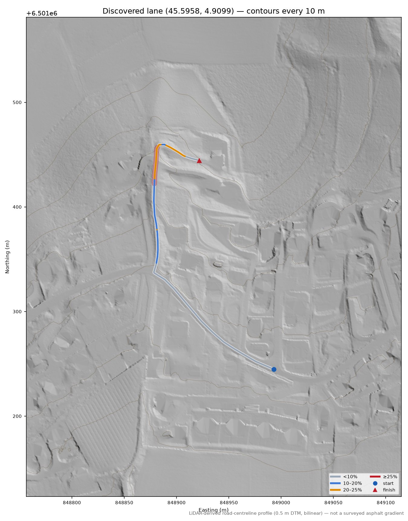 Discovered lane (45.5958, 4.9099) LiDAR hillshade map with contours