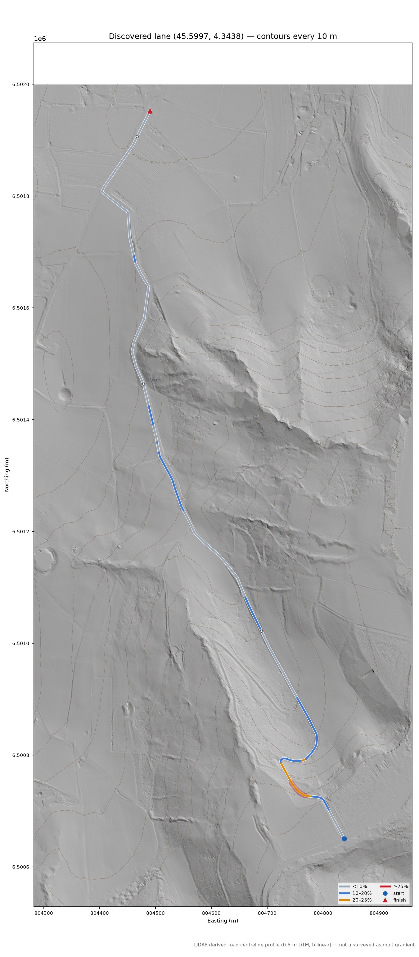 Discovered lane (45.5997, 4.3438) LiDAR hillshade map with contours