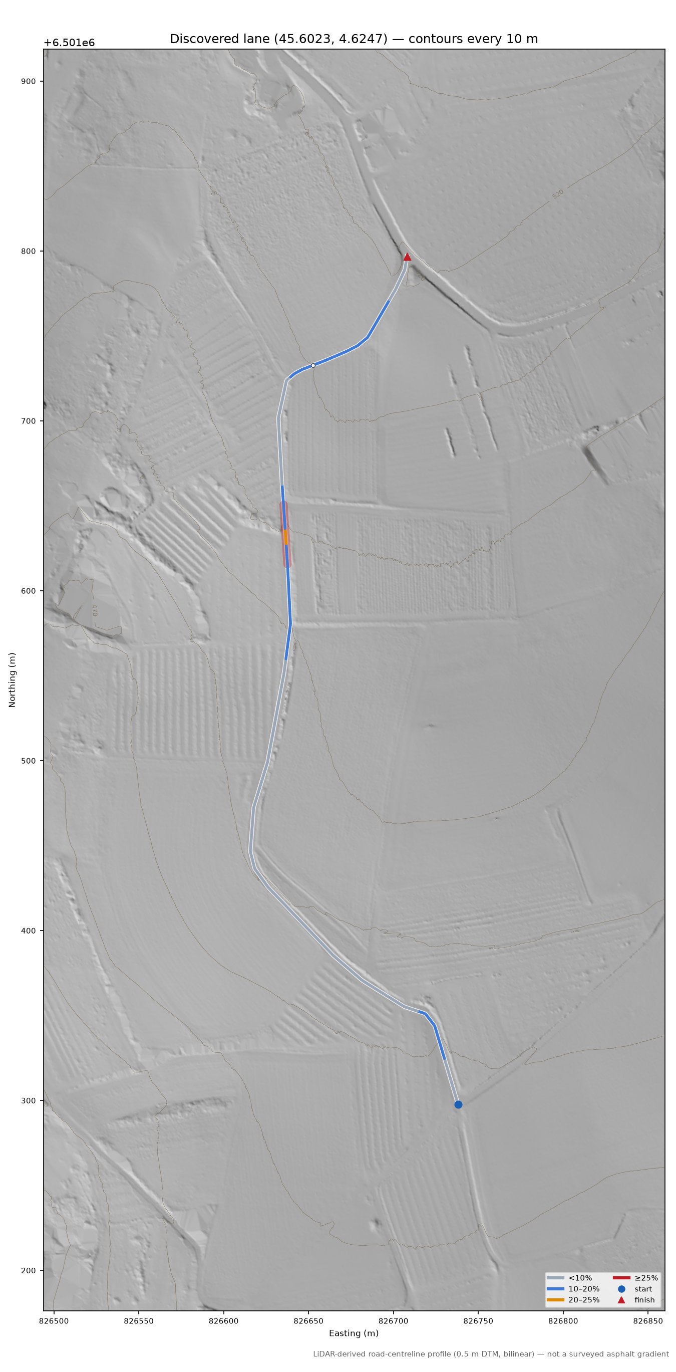 Discovered lane (45.6023, 4.6247) LiDAR hillshade map with contours