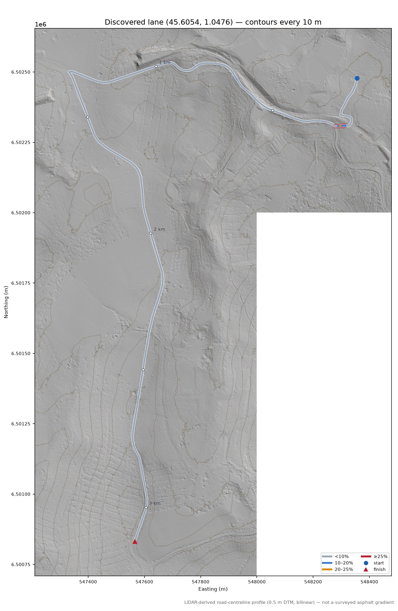 Discovered lane (45.6054, 1.0476) LiDAR hillshade map with contours