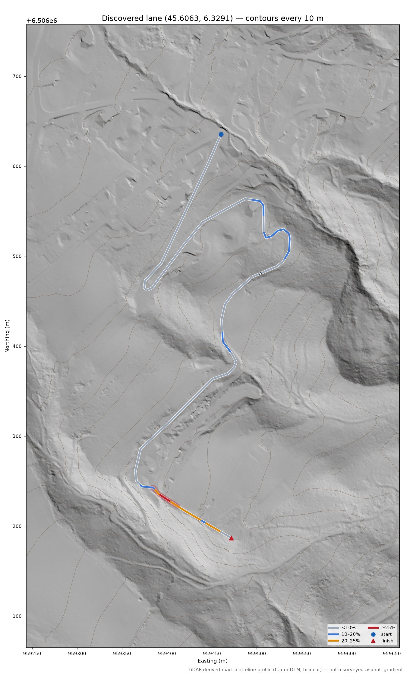Discovered lane (45.6063, 6.3291) LiDAR hillshade map with contours
