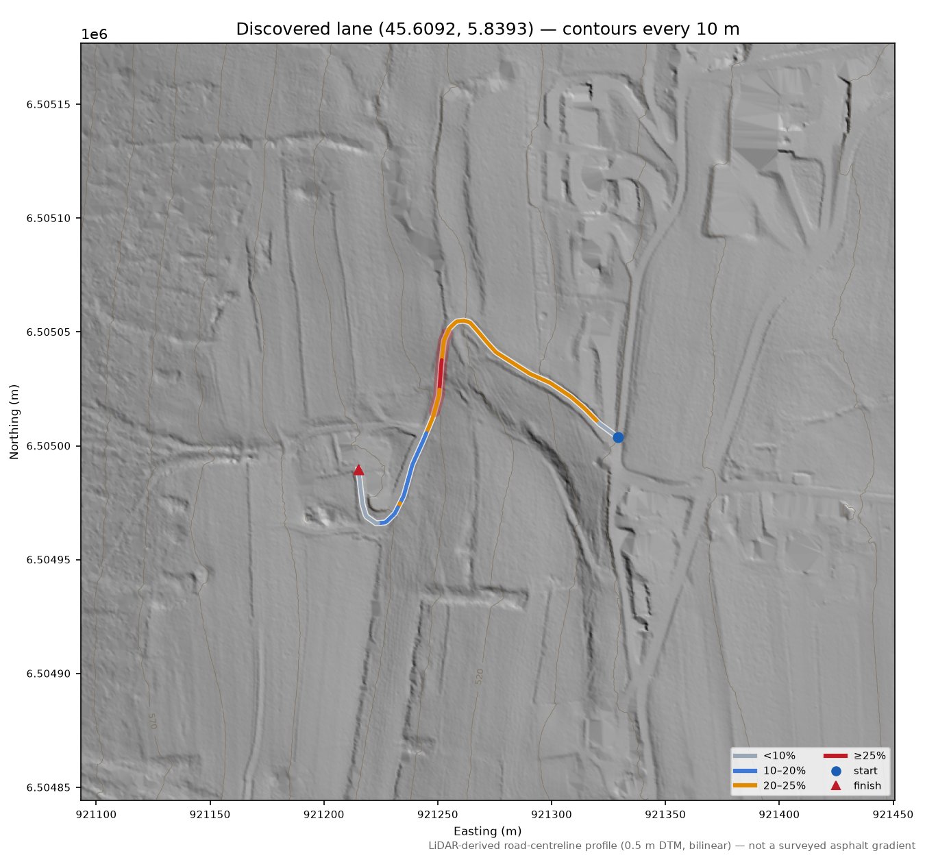 Discovered lane (45.6092, 5.8393) LiDAR hillshade map with contours