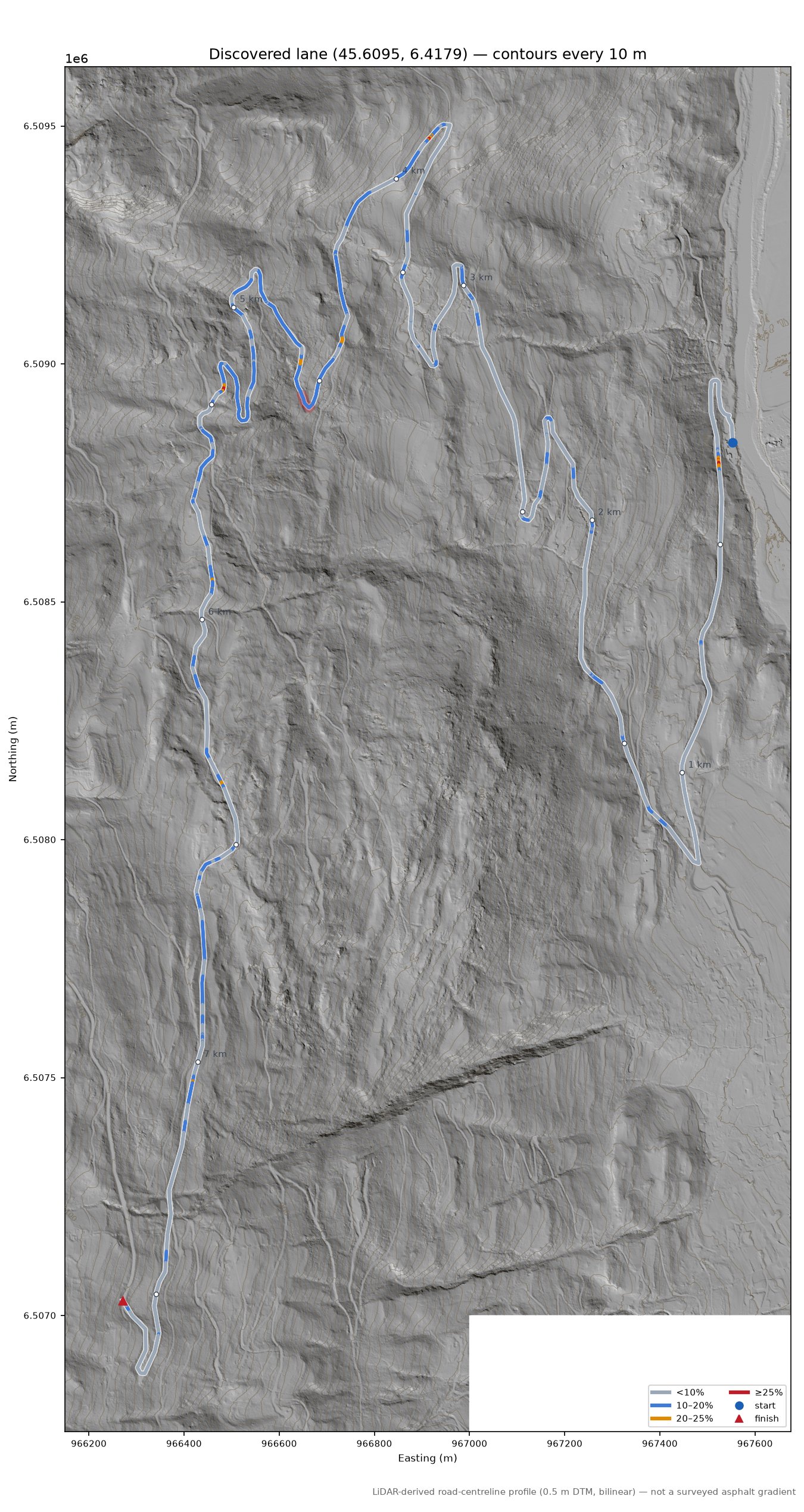 Discovered lane (45.6095, 6.4179) LiDAR hillshade map with contours