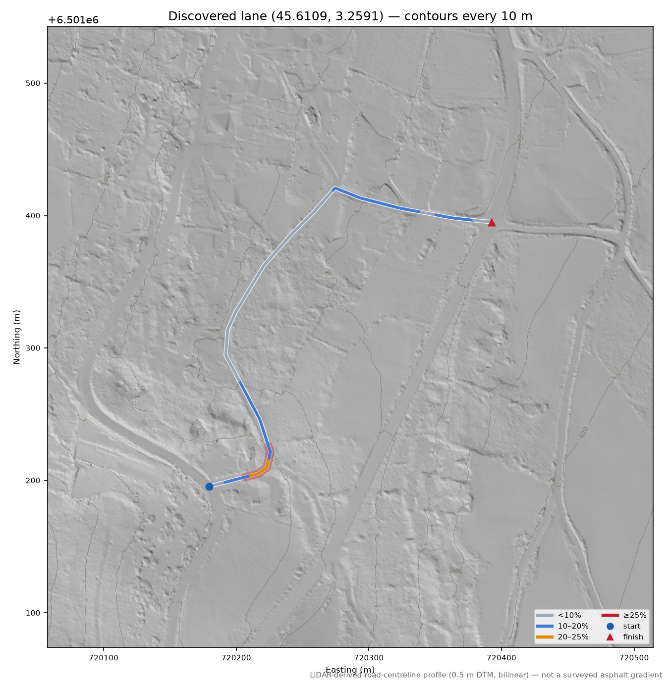 Discovered lane (45.6109, 3.2591) LiDAR hillshade map with contours