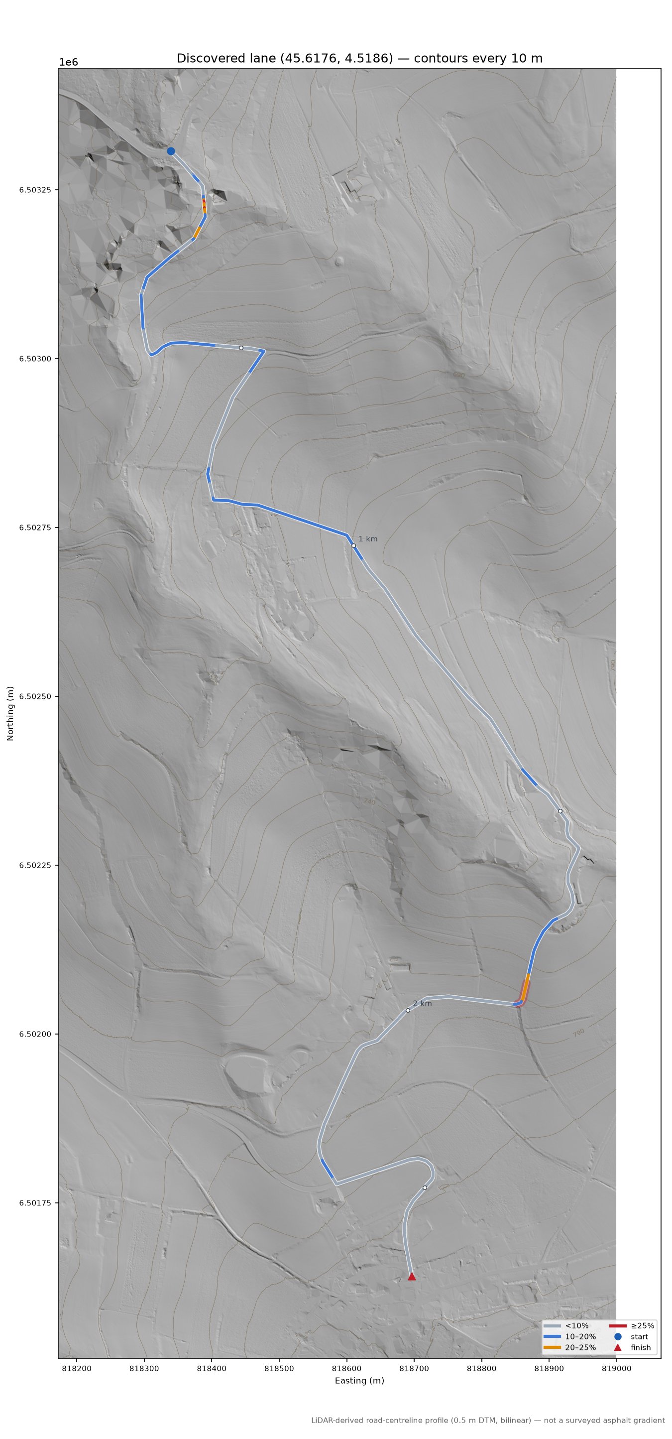 Discovered lane (45.6176, 4.5186) LiDAR hillshade map with contours