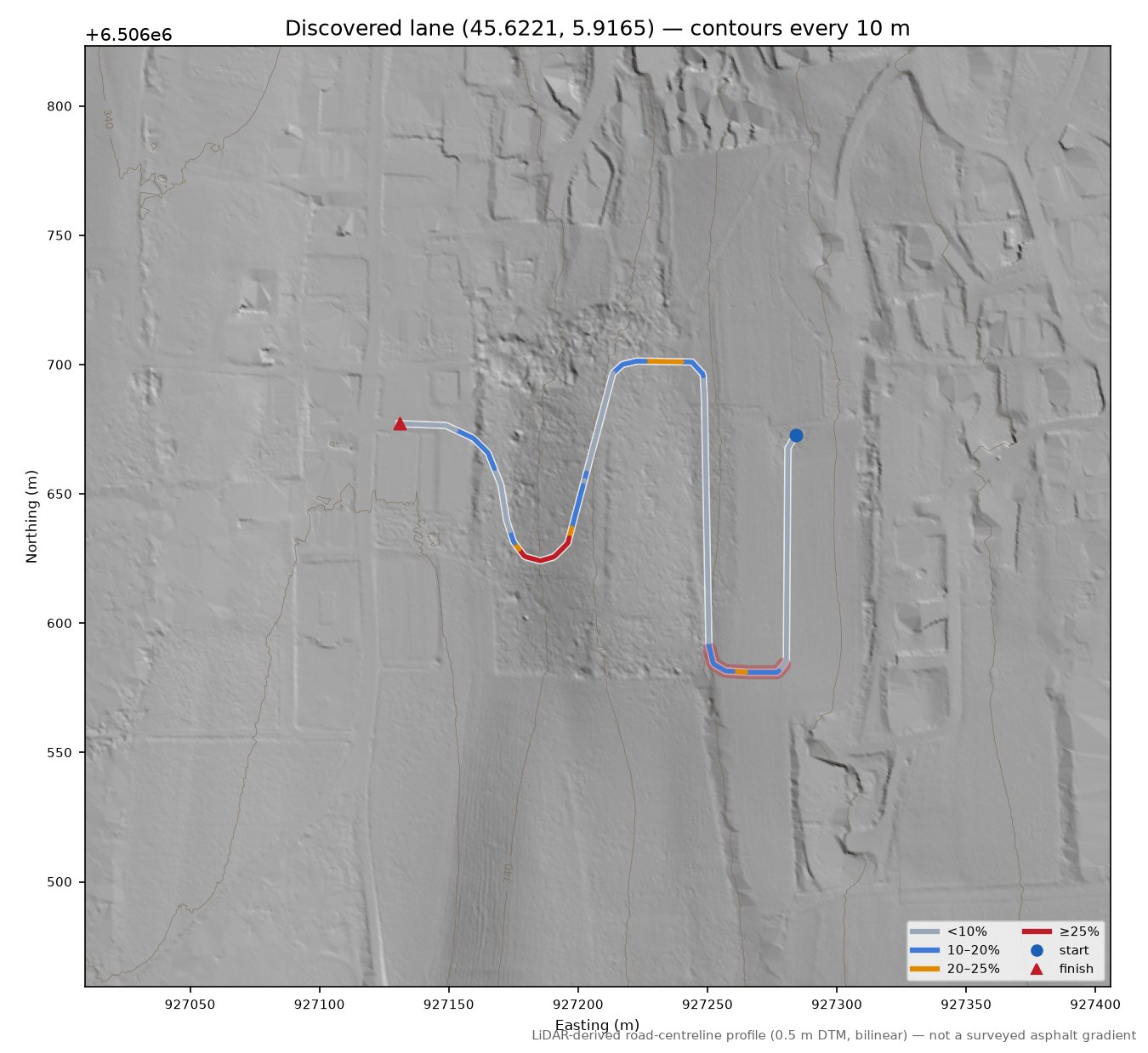 Discovered lane (45.6221, 5.9165) LiDAR hillshade map with contours