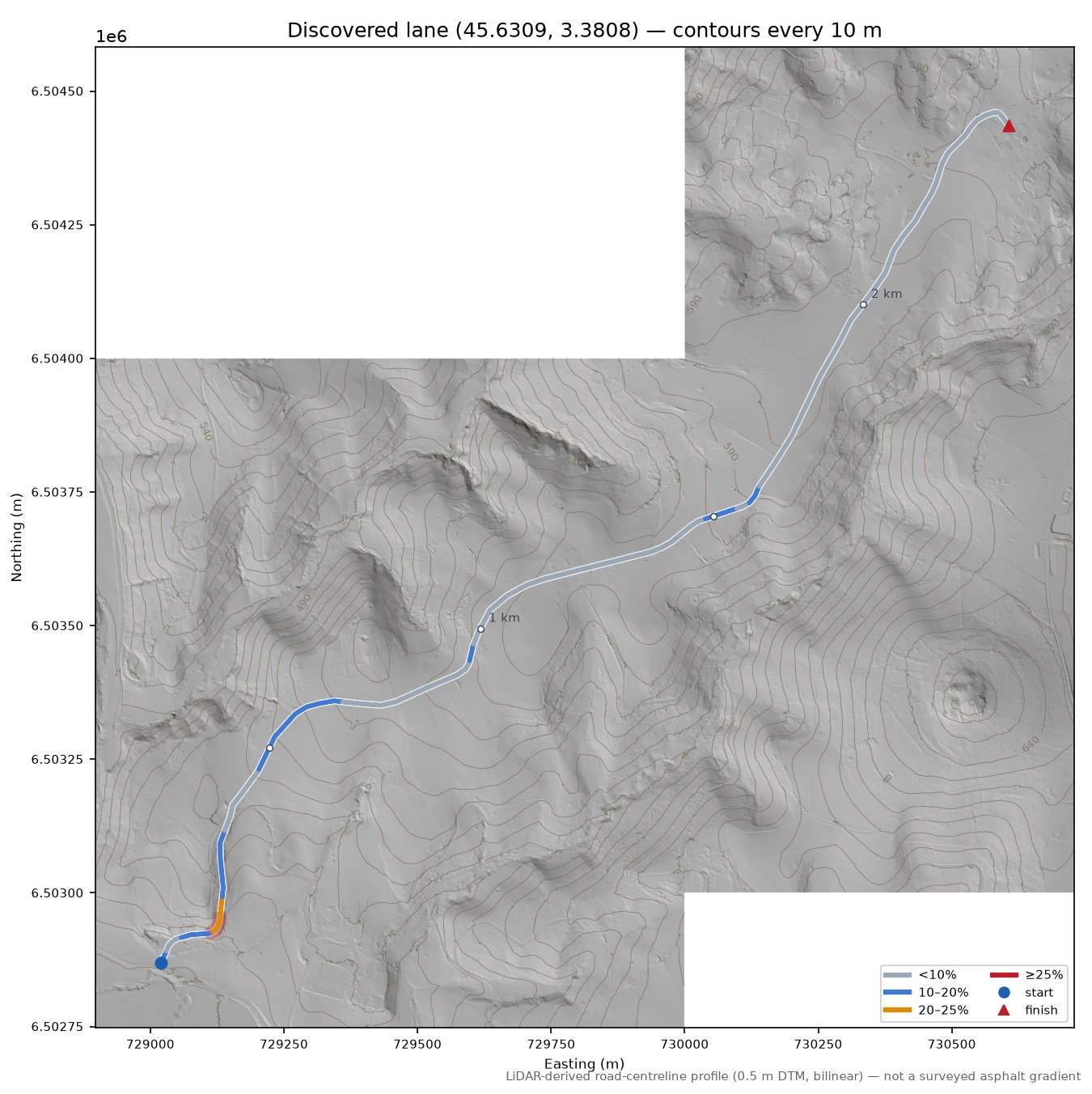 Discovered lane (45.6309, 3.3808) LiDAR hillshade map with contours