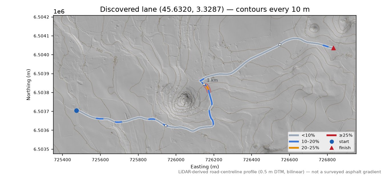 Discovered lane (45.6320, 3.3287) LiDAR hillshade map with contours