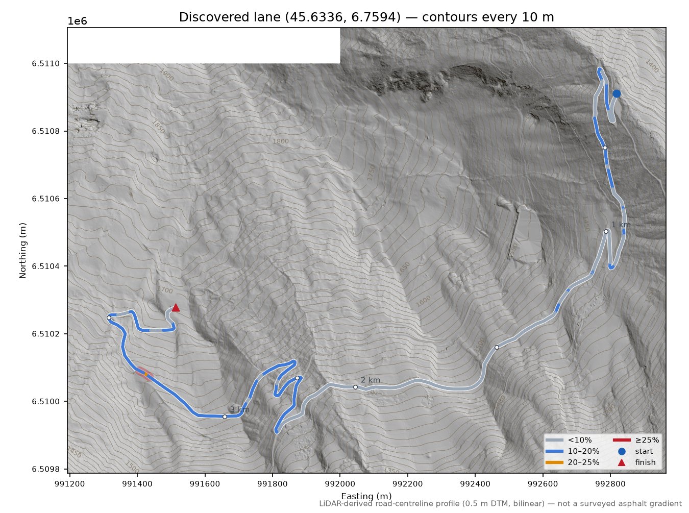 Discovered lane (45.6336, 6.7594) LiDAR hillshade map with contours