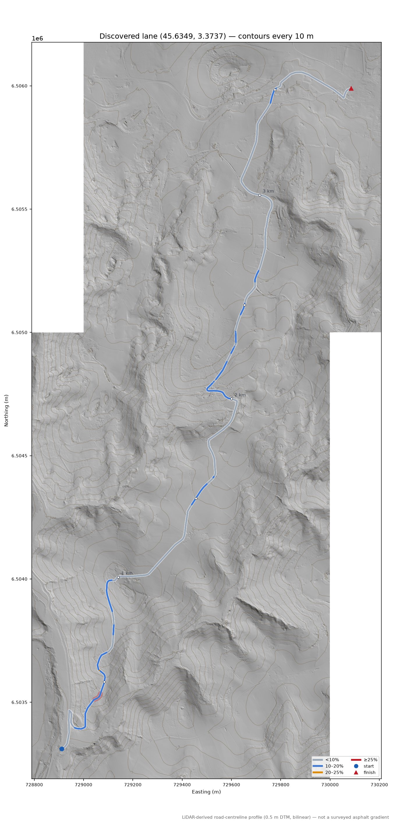 Discovered lane (45.6349, 3.3737) LiDAR hillshade map with contours