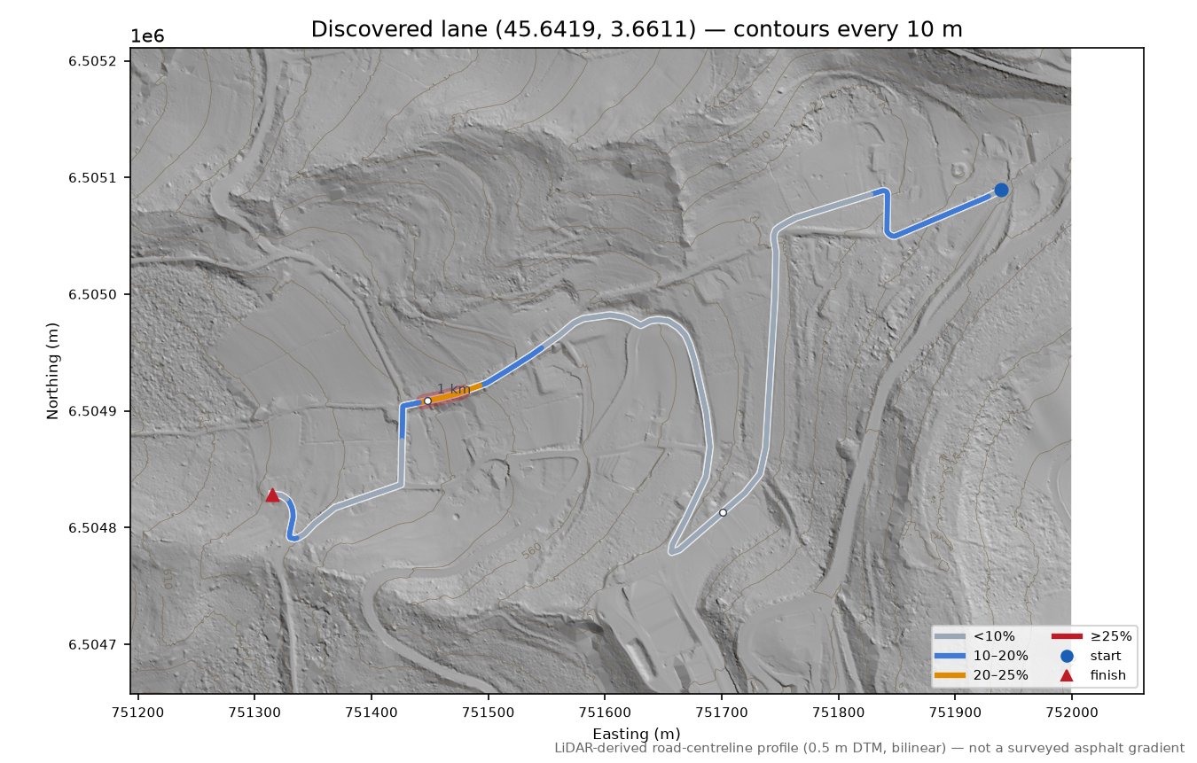 Discovered lane (45.6419, 3.6611) LiDAR hillshade map with contours