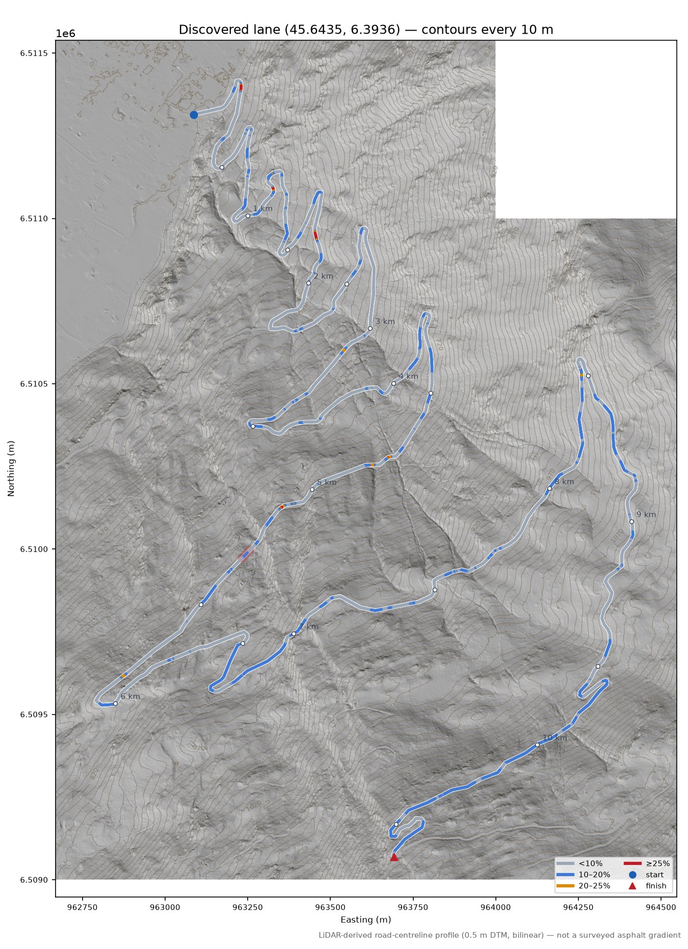 Discovered lane (45.6435, 6.3936) LiDAR hillshade map with contours
