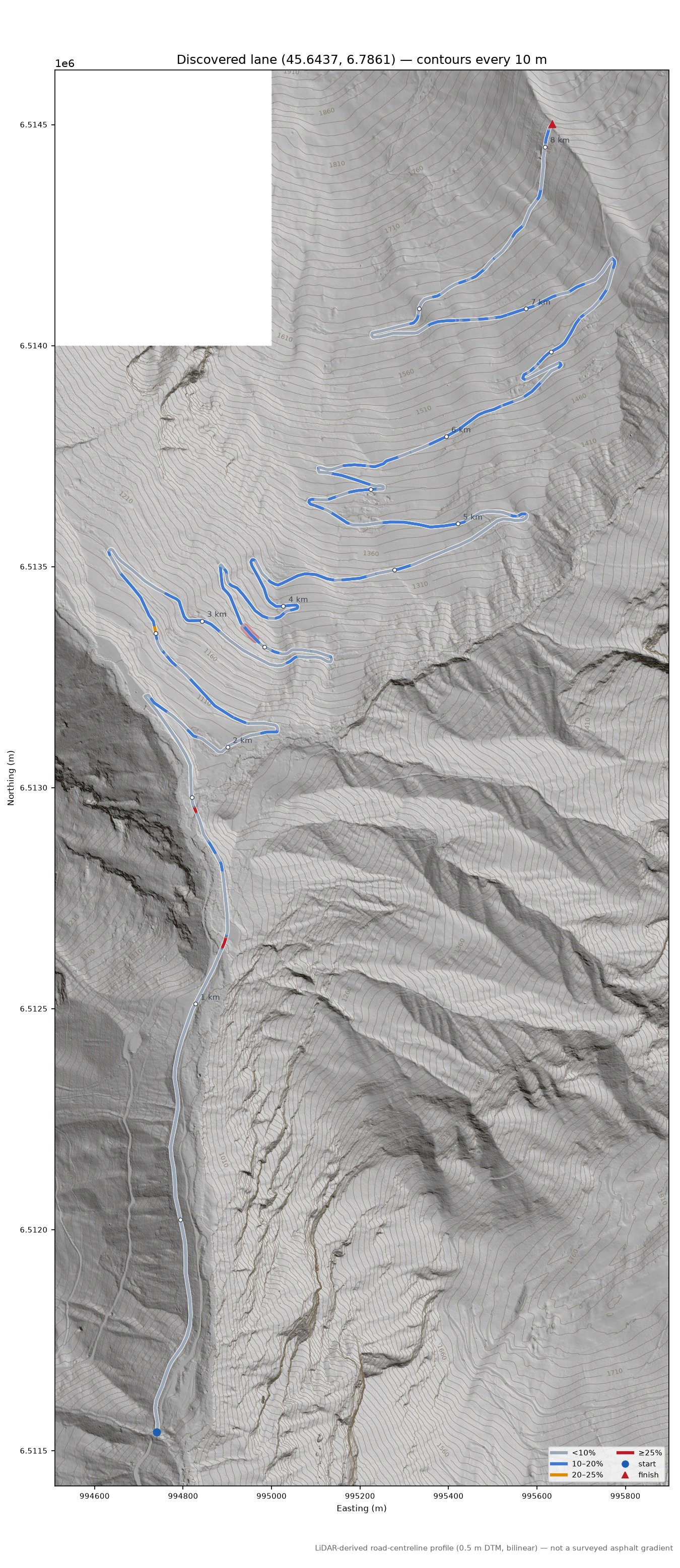 Discovered lane (45.6437, 6.7861) LiDAR hillshade map with contours